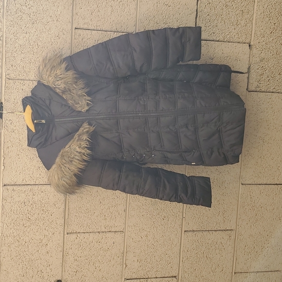 Betsey Johnson Black Faux Fur Trim Hood Lace Up Puffer Coat Jacket. - Picture 15 of 16